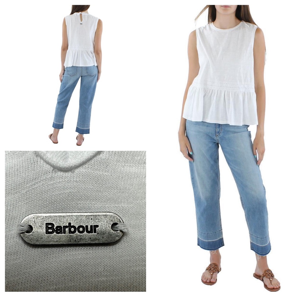 Barbour Willow White Crochet Trim Sleeveless Peplum Swing Top Size 6 Minimalist